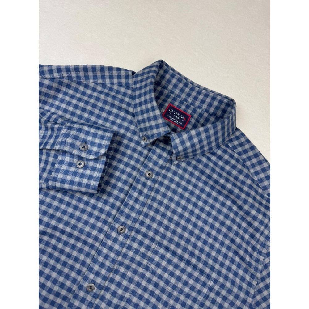 Untuckit Men's Large Blue Gingham Button Down Shirt‎ Stretch Casual Flannel